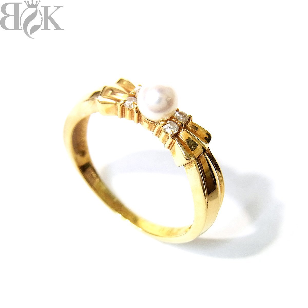 美品 K18 デザインリング 指輪 ダイヤ パール リボンモチーフ イエローゴールド 約10号 パール径約3.8mm 0.07ct 総重量約2.7g 〓