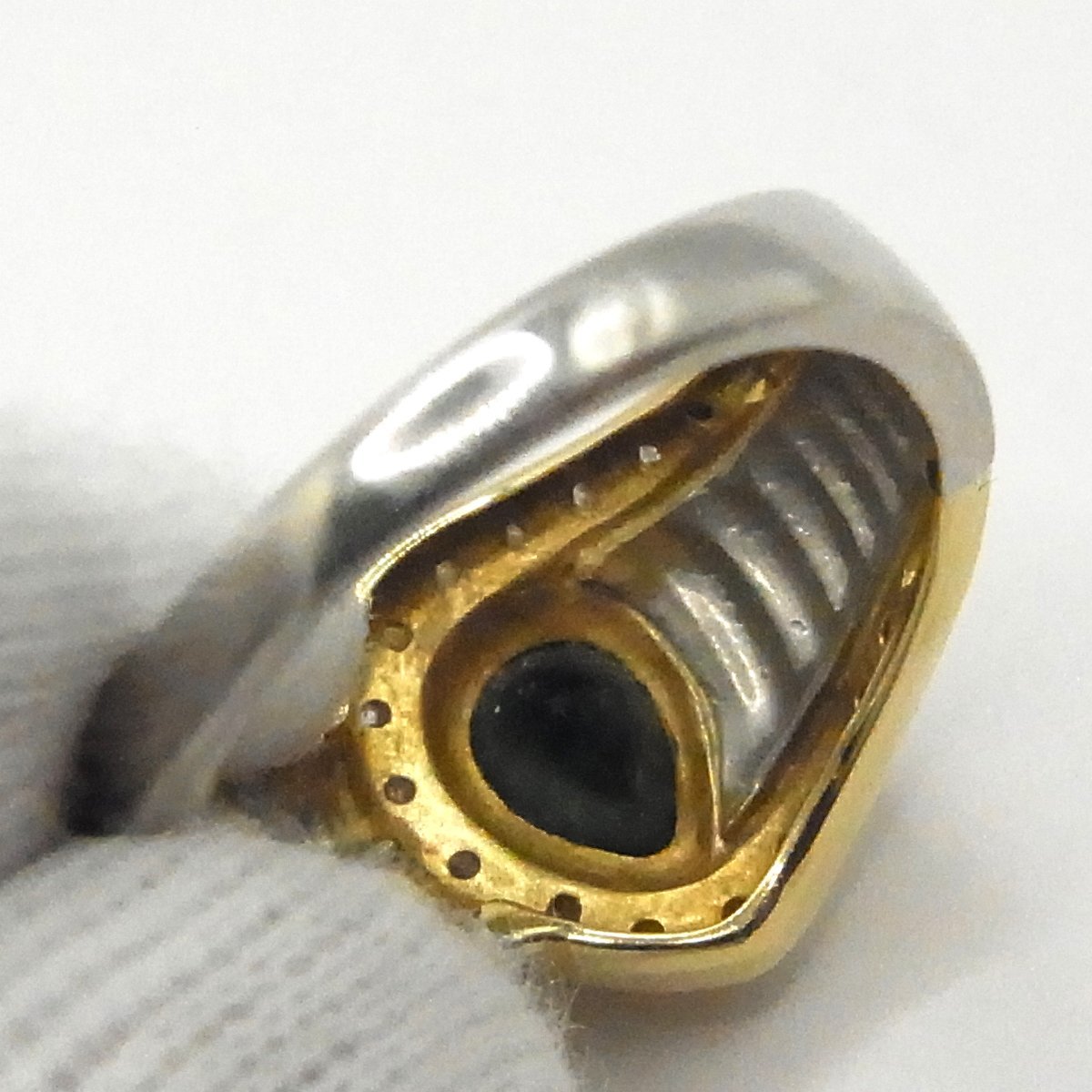 K18 PT850 青石ダイヤモンドリング 1.18ct 0.15ct 7.3g 11号 縦幅：約13.5mm コンビ 指輪 ●_画像4
