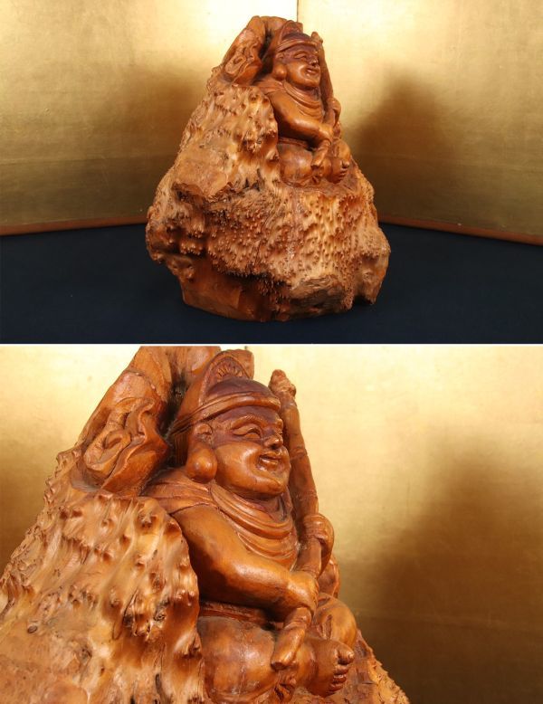 BE247 木彫 恵比寿像 東洋彫刻 仏教美術 七福神 一刀彫 刳り貫き 高さ36㎝-
