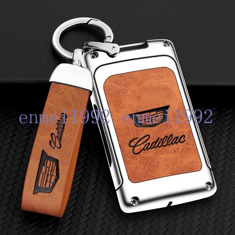 * Cadillac Cadillac* silver / orange * key case key cover key holder leather + alloy car key chain . car Logo C number 