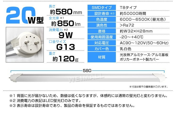 【限定セール 送料無料】2本セット 1年保証 直管LED蛍光灯 20W型 昼光色 580mm 約58cm グロー式 工事不要 SMDチップ LED 照明_画像10