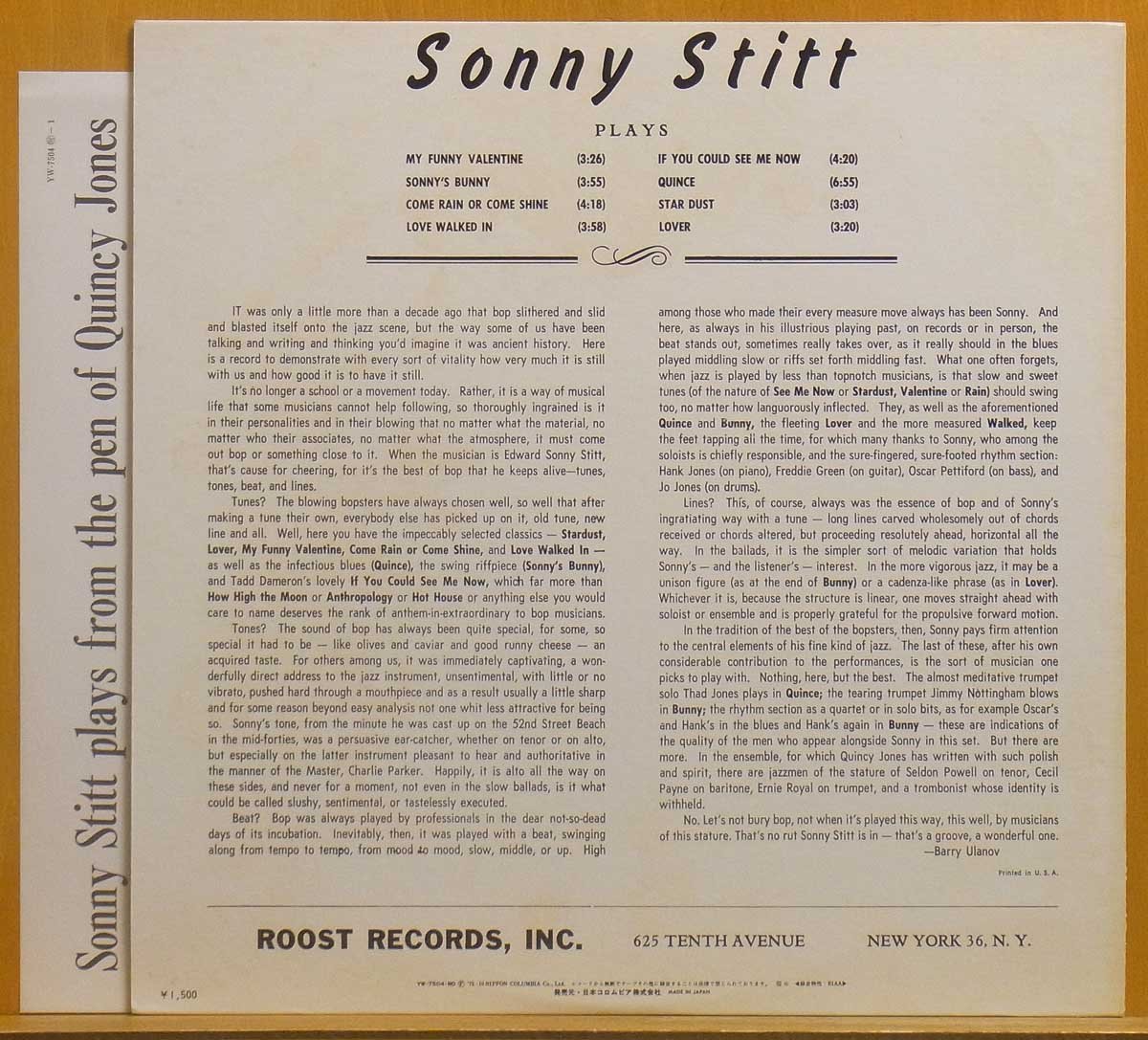 ●美盤!MONO!名盤!★Sonny Stitt(ソニー・ステット)『Plays Arrangements From The Pen Of Quincy Jones』JPN LP #61162_画像2