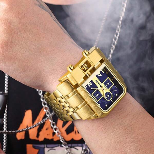 腕時計 メンズ クォーツ メンズ時計 カレンダー付き ストリートファッション パンクスタイル ゴールドスチールストラップ カジュア