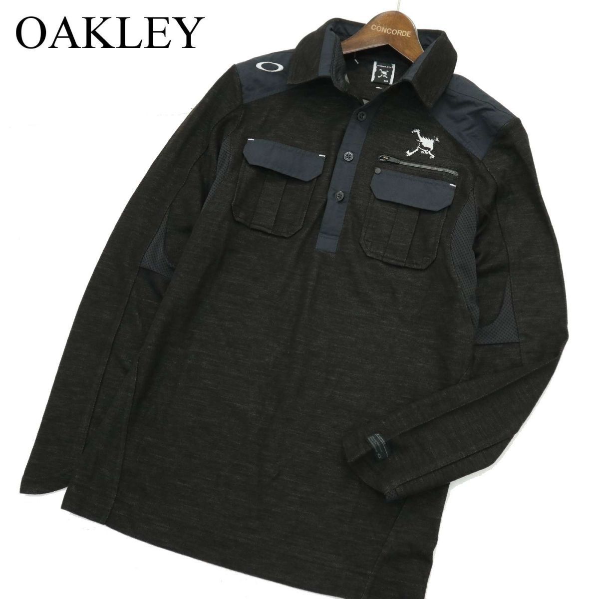 OAKLEY オークリー 秋冬 スカル刺繍★ スカルコレクション ウール混 切替 長袖 ワーク ポロシャツ Sz.M　メンズ ゴルフ　A3T06326_6#B_画像1