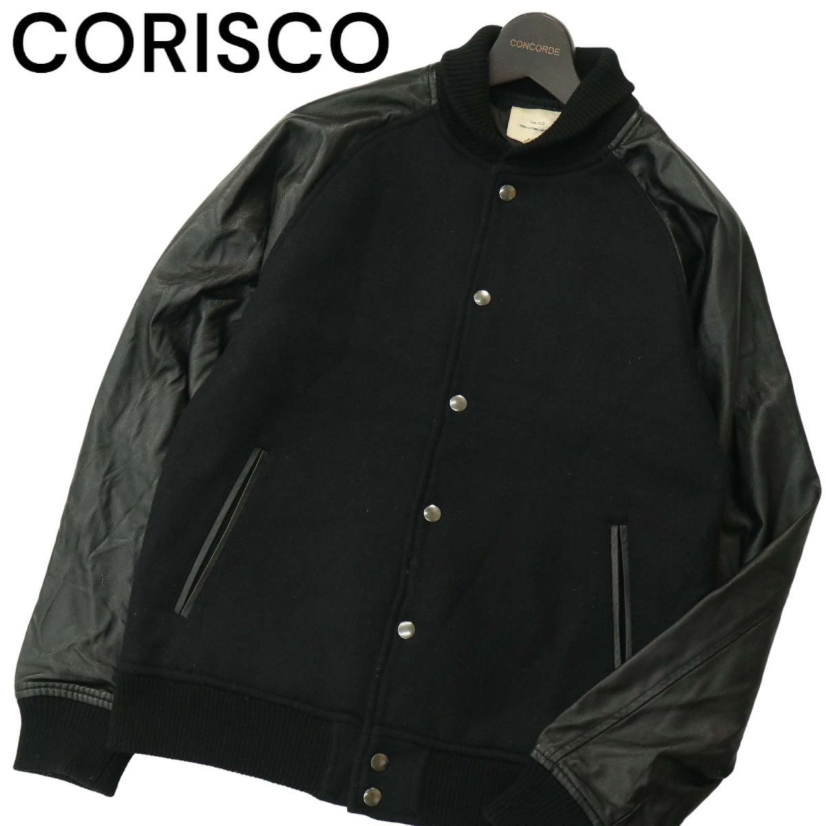 CORISCO コリスコ 秋冬 袖革 羊革 リアル ラム レザー切替★ メルトン ウール スタジャン ジャケット Sz.M　メンズ 黒　A3T11601_A#N_画像1