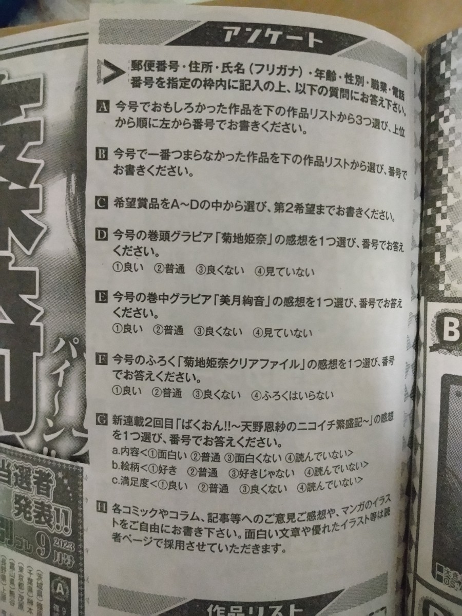 別冊ヤングチャンピオン 2023年11月号 菊地姫奈抽プレ クオカード 応募用紙9枚セット_画像4