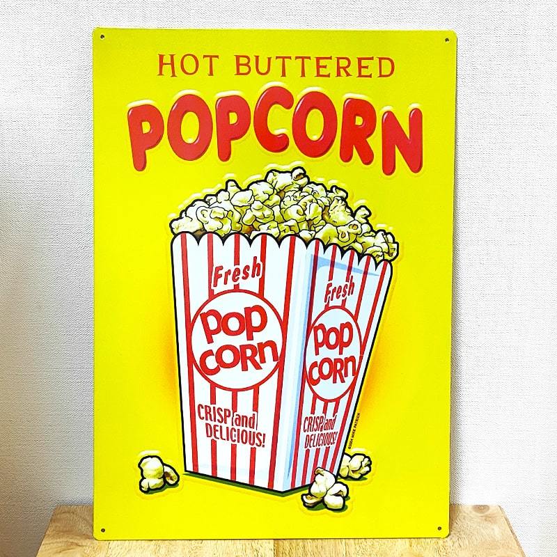 ブリキ看板 HOT BUTTERED POPCORN ポップコーン メタルサイン アメリカン 雑貨 プレート 可愛い お菓子 飾り かわいい_画像1