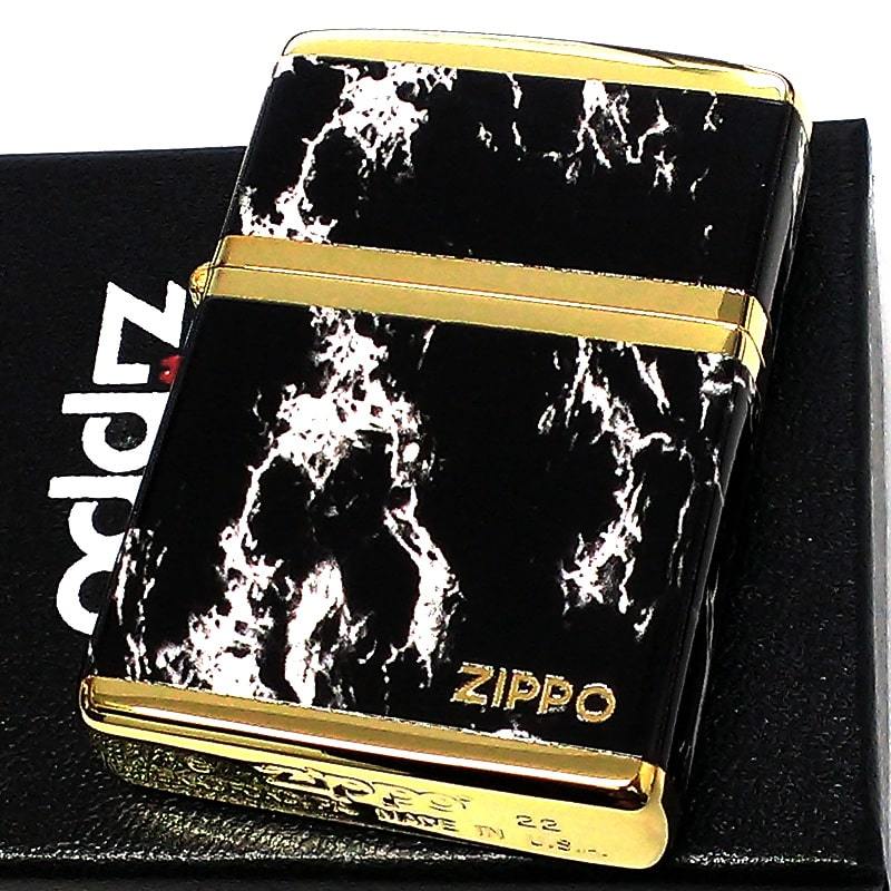 ZIPPO ライター ジッポ ロゴ ブラック/ホワイト 4面加工 ゴールド 金タンク Marble Logo かっこいい おしゃれ メンズ ギフト プレゼント_画像2