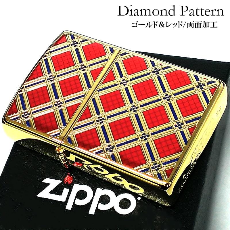 ZIPPO ダイアモンド パターン ジッポ ライター ゴールド＆レッド 金タンク 赤 両面加工 彫刻 かっこいい おしゃれ メンズ ギフト
