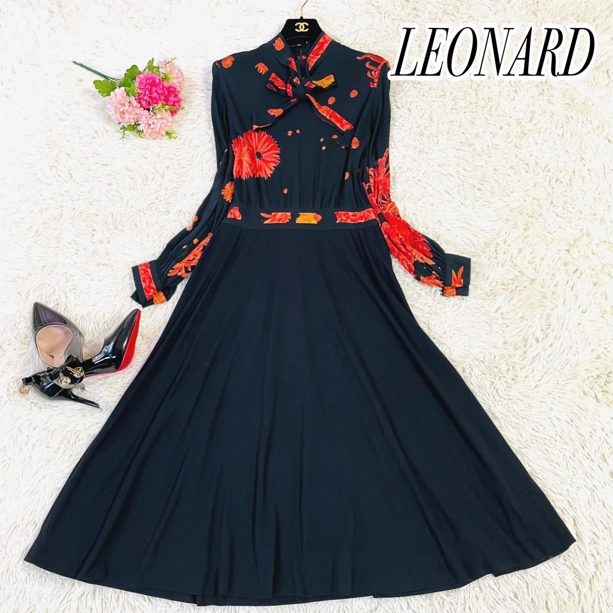 ファッション 【美品】LEONARDレオナール 花柄ボウタイロング