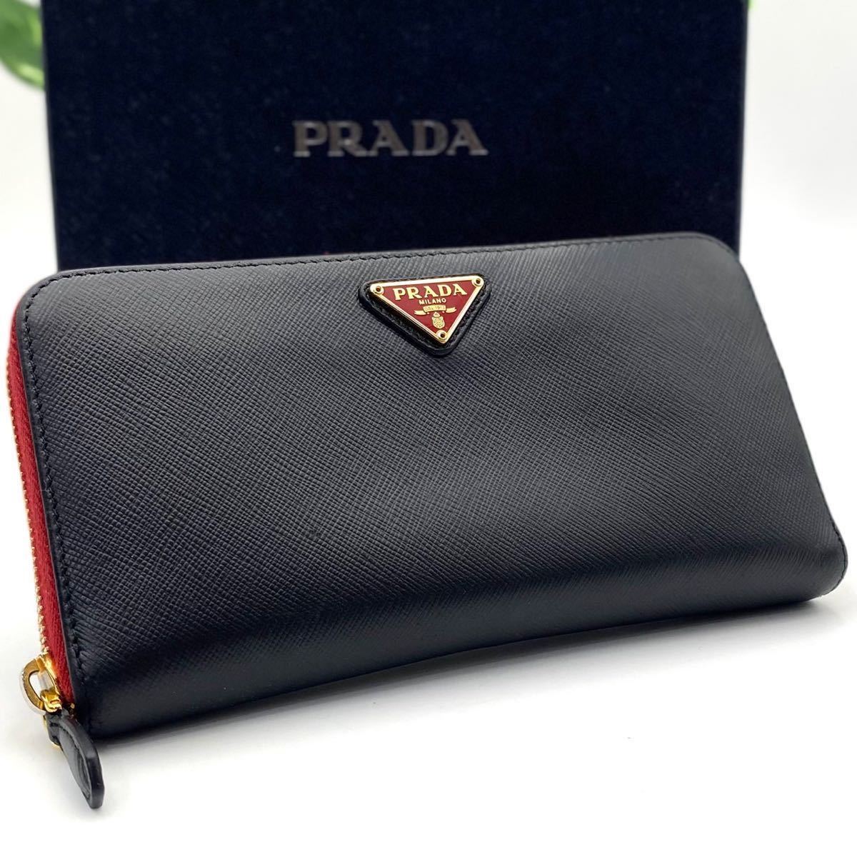 美品 PRADA サフィアーノ 本革 ラウンドファスナー 長財布 三角 レザー