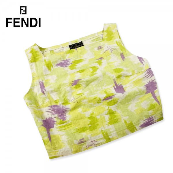 ★希少★ FENDI フェンディ リネン 麻 トップス サイドファスナー ノースリーブ カットソー ビスチェ ロゴ イエロー クリーニング済み_画像3