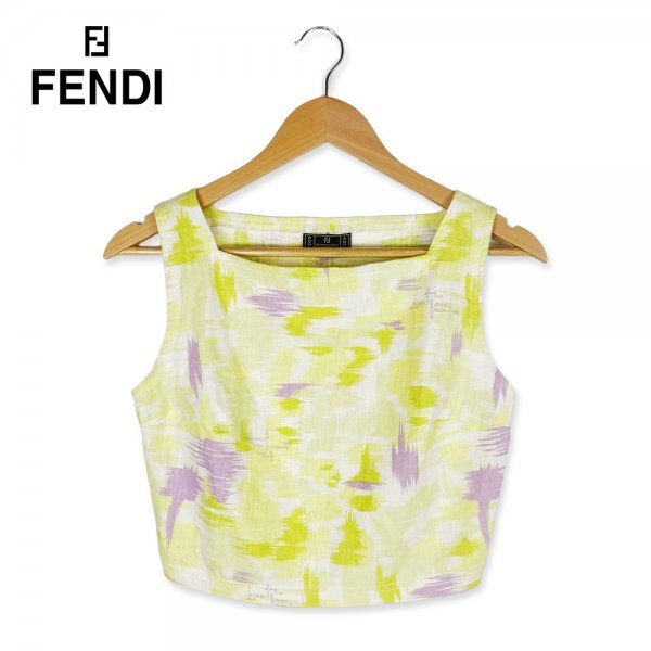 * rare * FENDI Fendi linen flax tops side fastener no sleeve cut and sewn bustier Logo yellow have been cleaned 