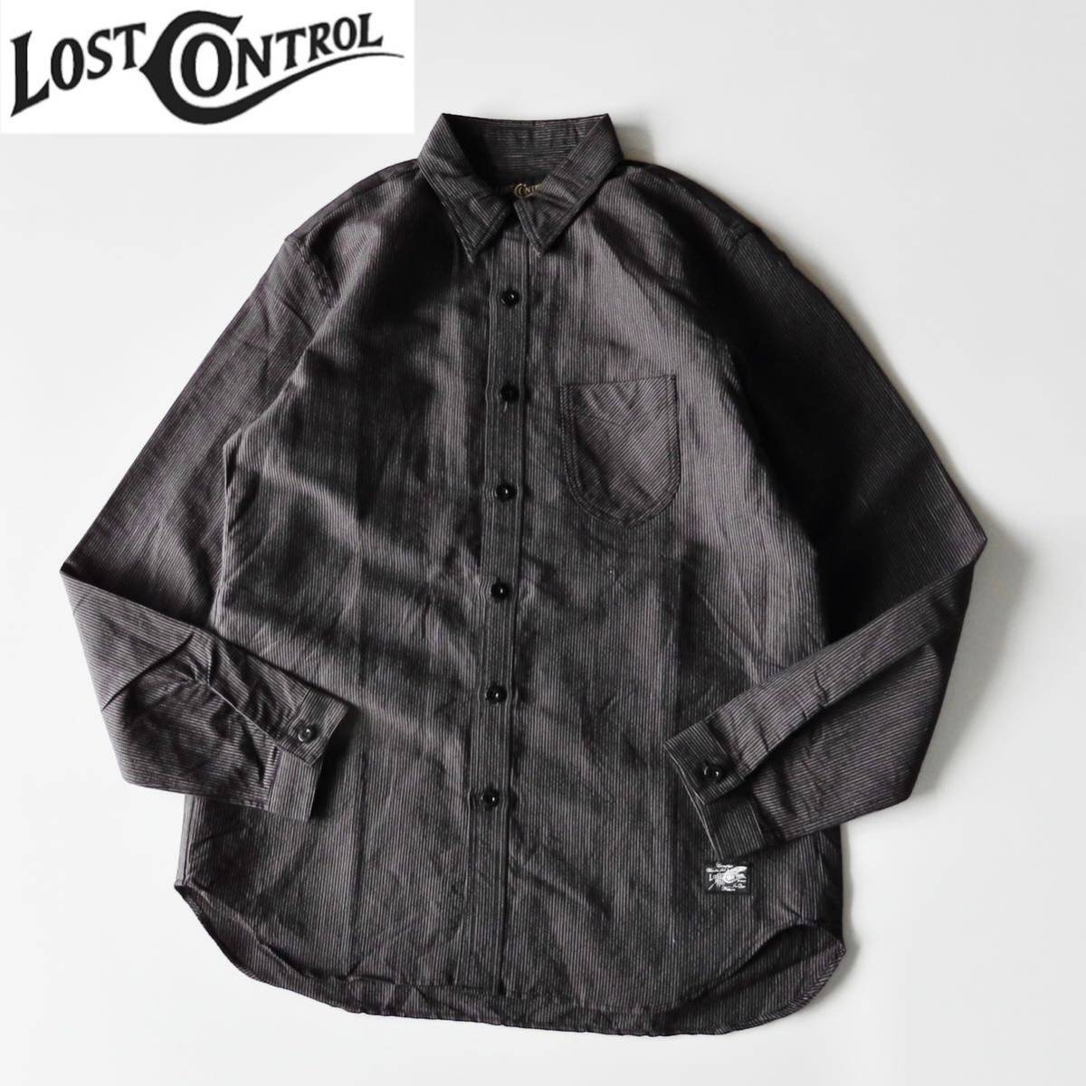 試着のみ LOST CONTROL Stripe Work Shirt ロストコントロール 隠しボタンダウンストライプワークシャツ 1 ブラック系 オールシーズン 長袖_画像1