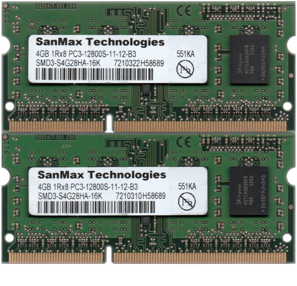 SanMax Technologies DDR3-1600 (PC3-12800S) 4GBx2枚 合計8GB ノートPC用 SMD3-S4G28HA-16K 両面実装(1Rx8) 動作確認済【中古】H790_写真の商品をお届けいたします！