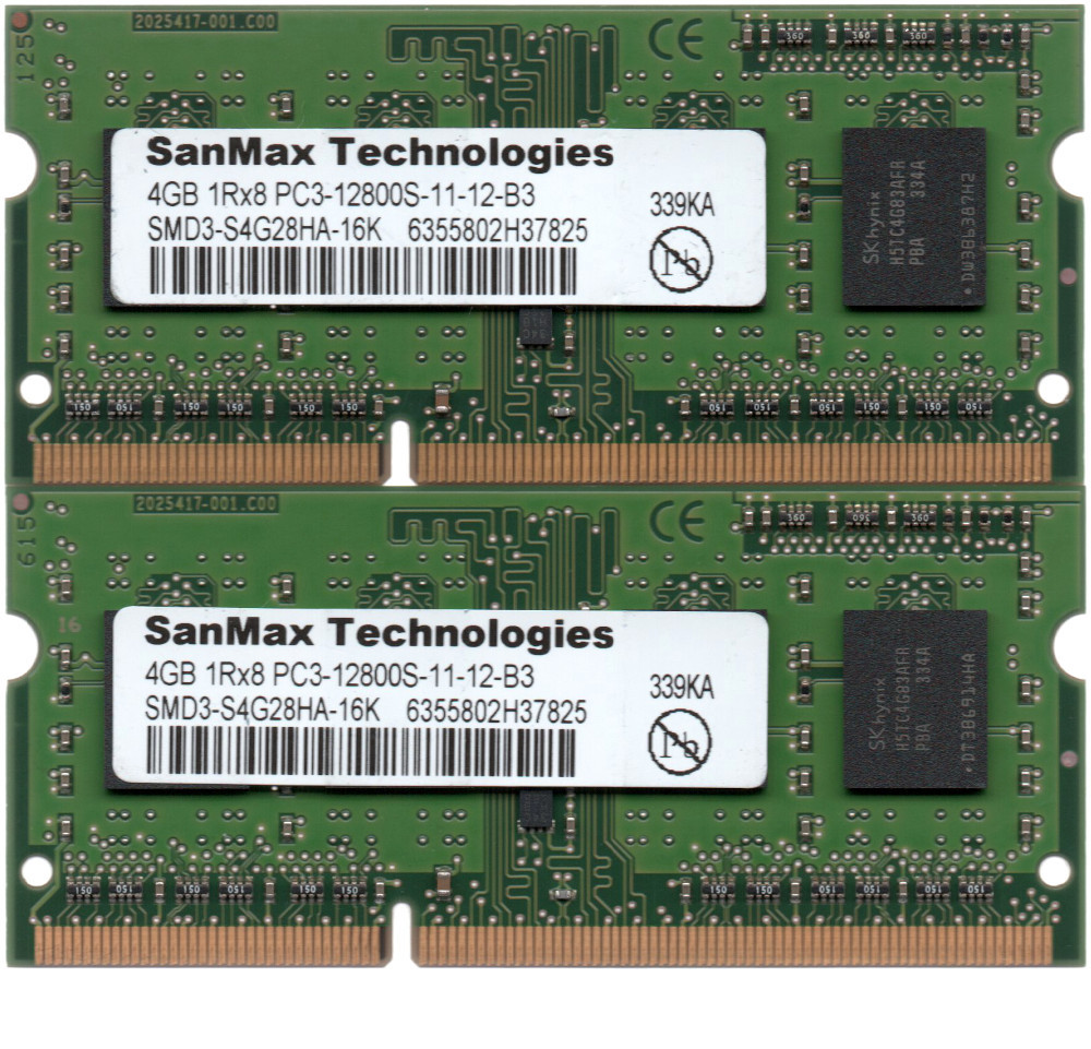 SanMax Technologies DDR3-1600 (PC3-12800S) 4GBx2枚 合計8GB ノートPC用 SMD3-S4G28HA-16K 両面実装(1Rx8) 動作確認済【中古】H789_写真の商品をお届けいたします！