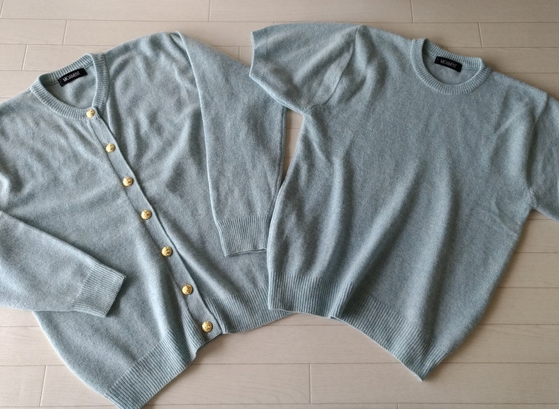 日本製造MIOAMENT羊絨100％雙針織套裝淺藍色相當大（約XL） 原文:美品 日本製 MIOAMENT カシミヤ100％ ツインニット アンサンブル 水色 かなり大きめ（XLくらい）