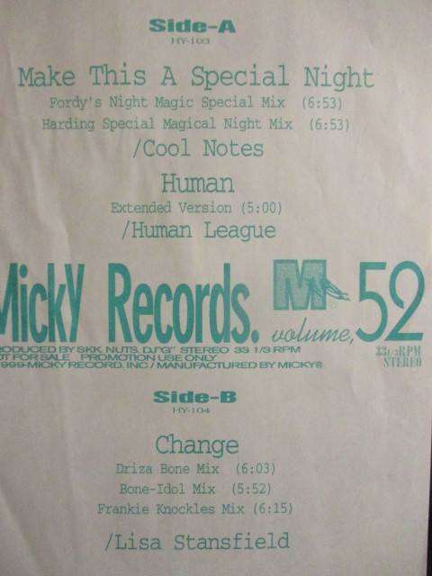 VA ： Micky Record Vol.52 12'' (( Cool Notes - Make This A Special Night / Human League - Human / Lisa Stansfield - Changeの画像2