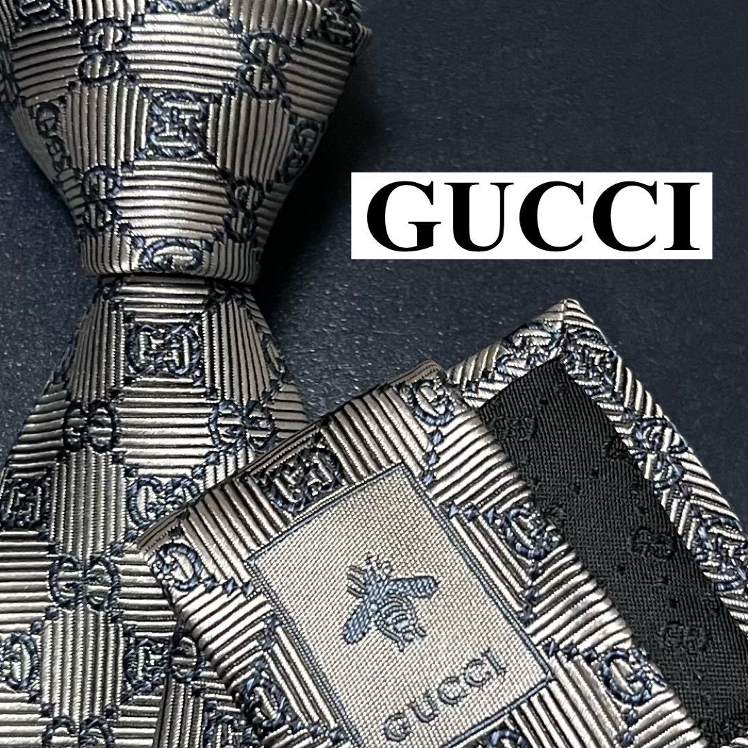 未使用 ネクタイ 現行 GUCCI グッチ シルク100% GG GGライン シェリーライン 蜂 bee 刺繍 ジャガード シマ メンズ ツヤ  ホワイト 白