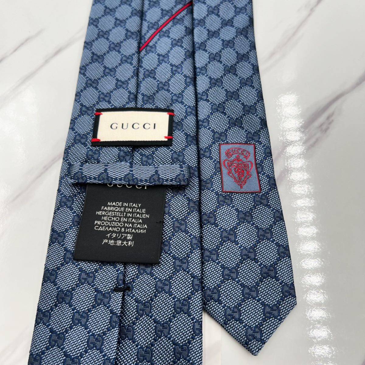 激レア 未使用級 ネクタイ 現行 人気 GUCCI グッチ シルク GG シェリーライン 蜂 bee 刺繍 ジャガード ストライプ シマ ライトブルー 水色_画像4