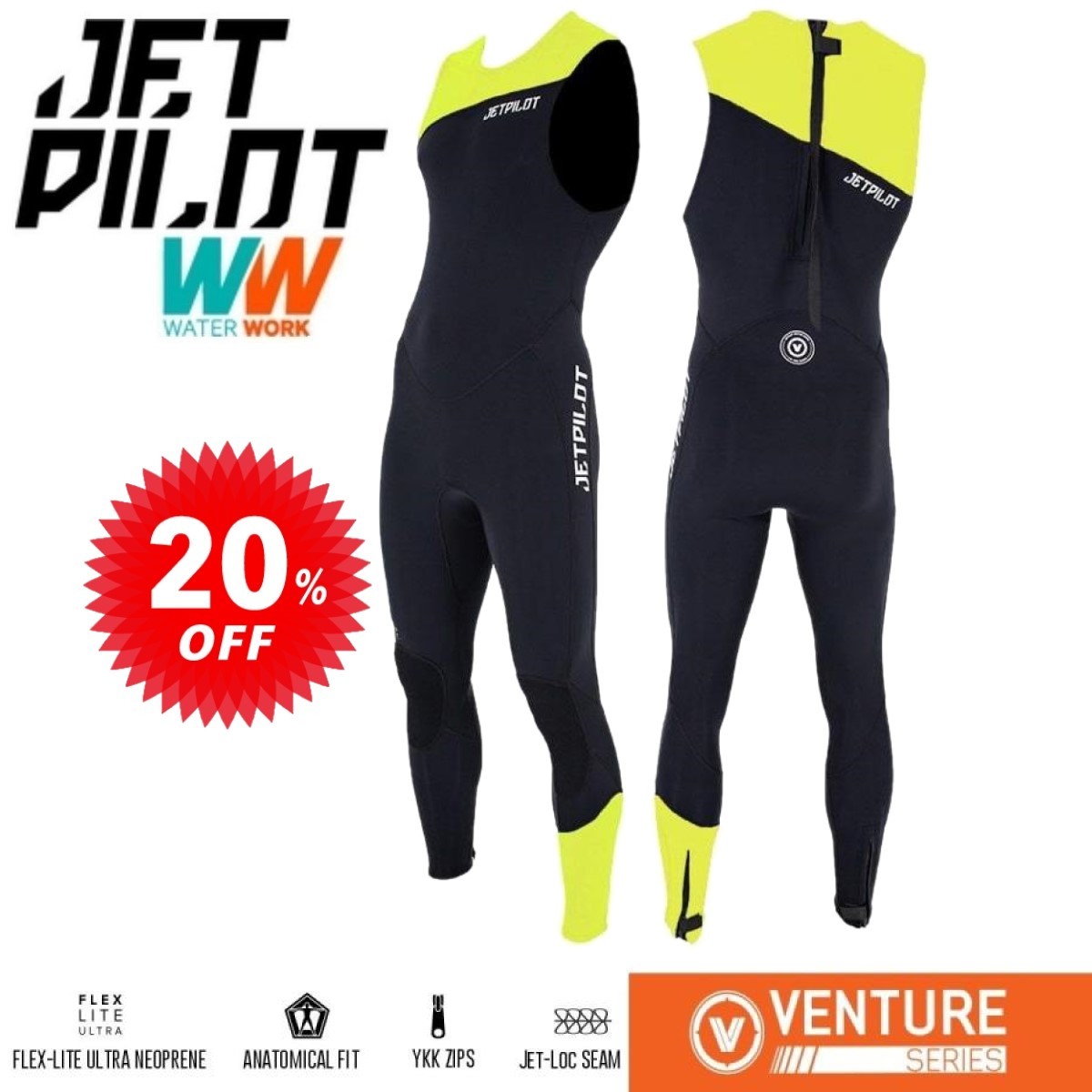 ジェットパイロット JETPILOT セール 20%オフ 送料無料 ウェットスーツ メンズ ベンチャー ジョン JA21154 ブラック/イエロー XLの画像1