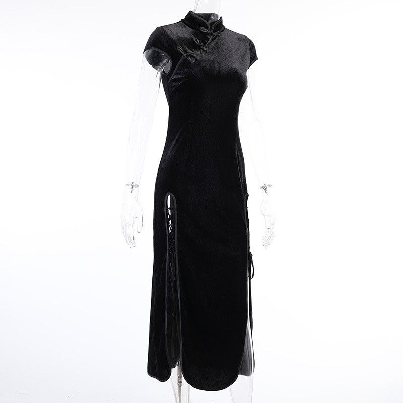 チャイナドレス　新品　Lサイズ　ワンピース　ベロア　ロング丈　半袖　ブラック ナイトドレス ロングドレス キャバ嬢