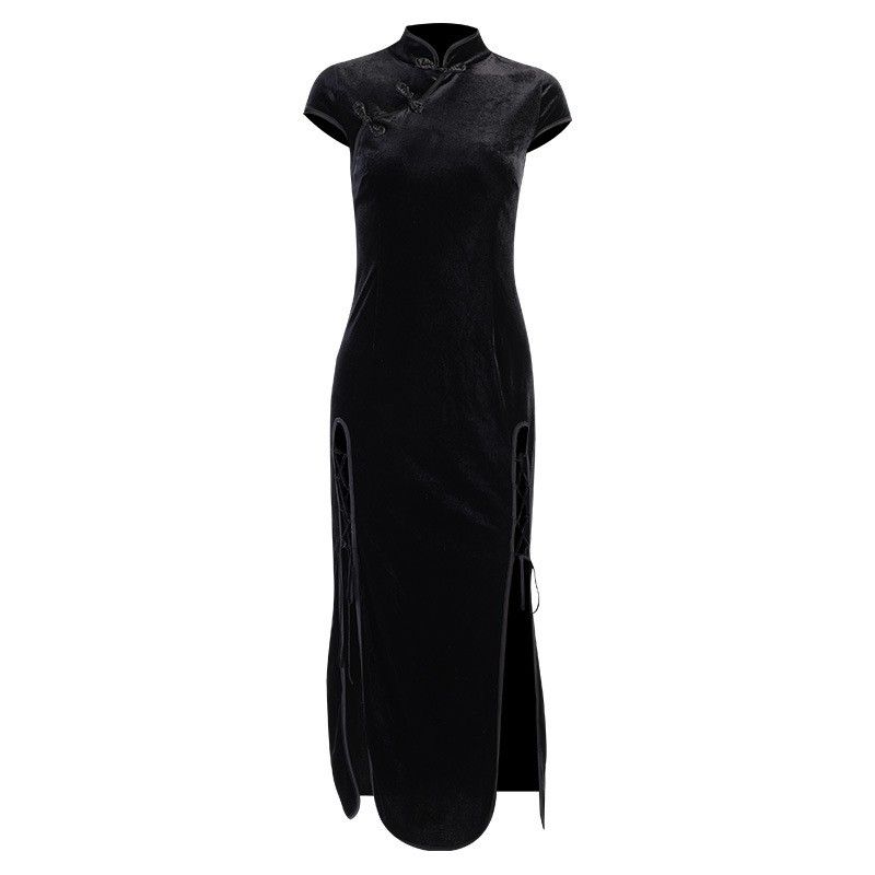 チャイナドレス　新品　Lサイズ　ワンピース　ベロア　ロング丈　半袖　ブラック ナイトドレス ロングドレス キャバ嬢