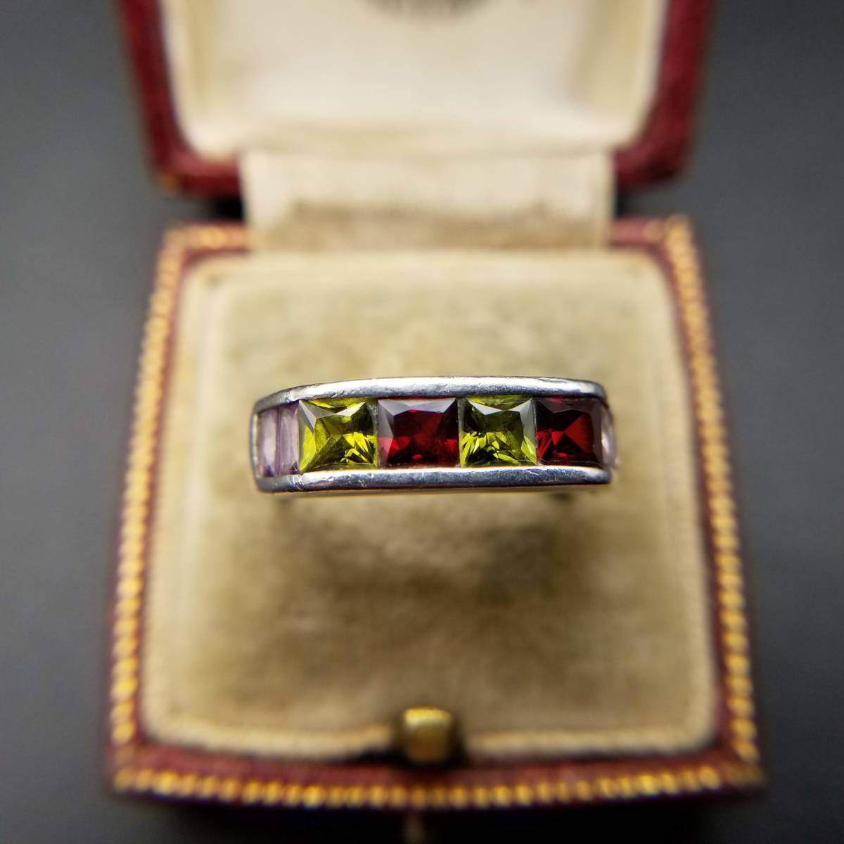 sig net Cubic Zirconia red green 925 silver Vintage ring silver ring Showa Retro red yellow green Vintage YOX34