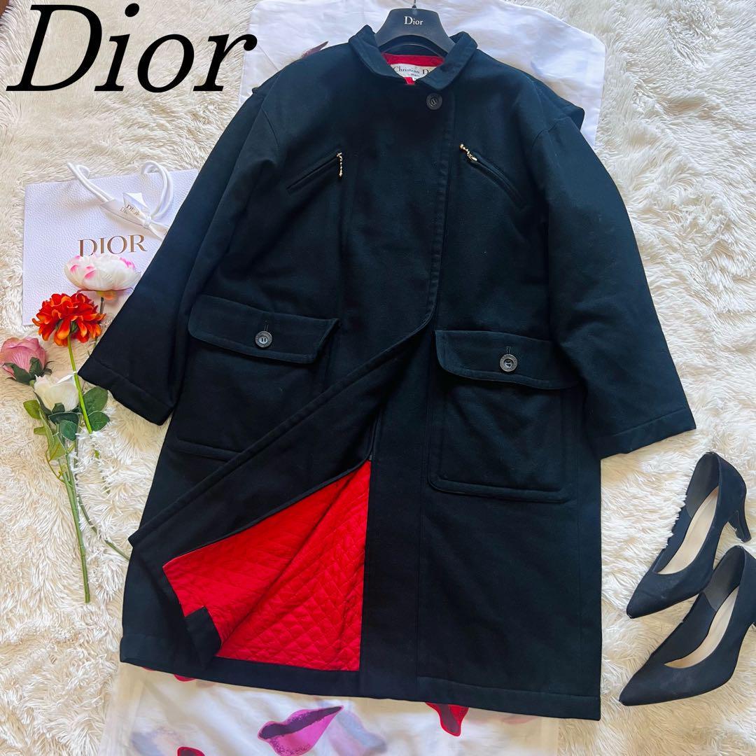 【希少】Christian Dior ロングコート ブラック レッド M クリスチャンディオール 黒 赤
