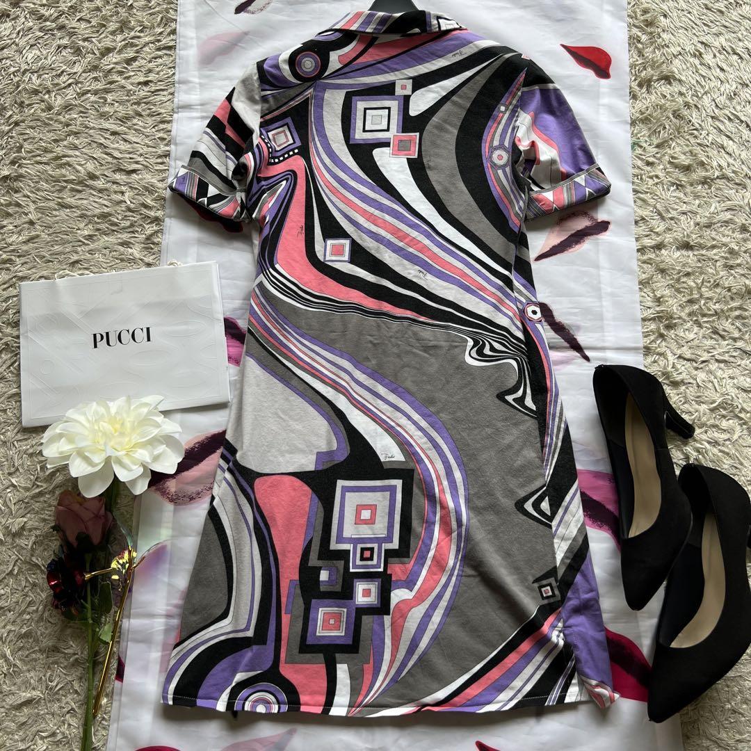 良品】EMILIO PUCCI プッチ柄襟付きワンピース 半袖 タイト 34-