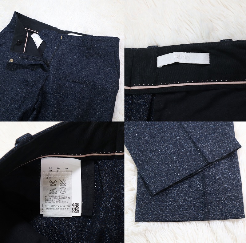 美品 HUGO BOSS ヒューゴボス パンツスーツ セットアップ ツイード シルク混 センターベント ダークネイビー 1ボタン レディース S相当