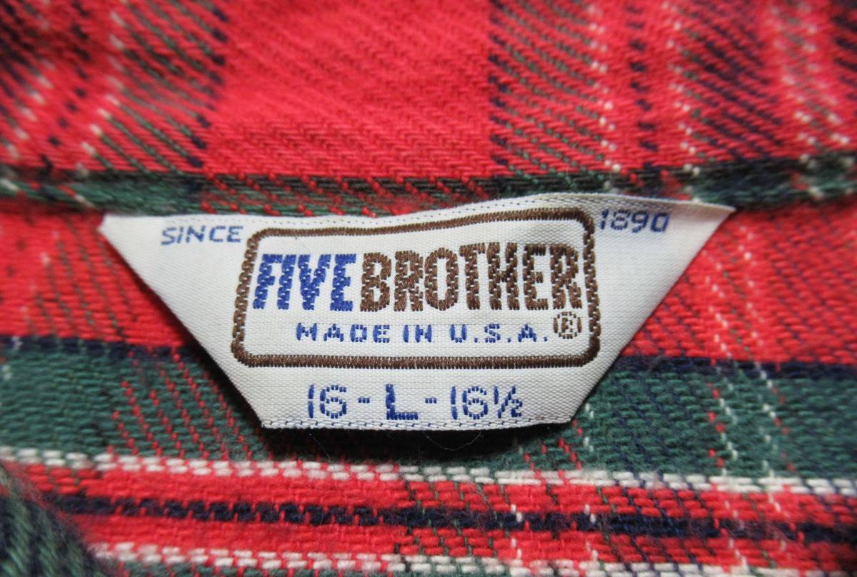 1970～80'S VINTAGE USA古着★FIVE BROTHER/ファイブブラザー●シャツ ヘビーネル チェック 赤系 三角タグ MADE IN USA アメリカ製_画像7