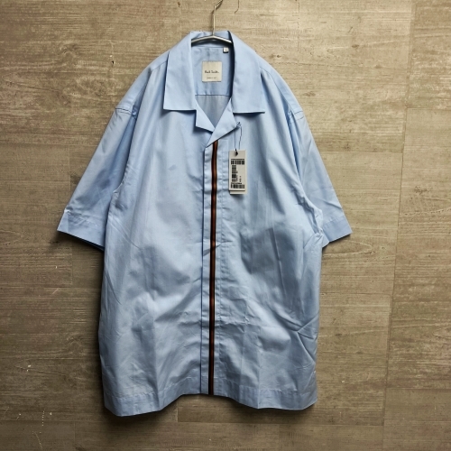 Paul Smith ポールスミス CAMP-COLLAR STRIPE-TRIMMED 半袖シャツ sizeS ブルー【中目黒B10】