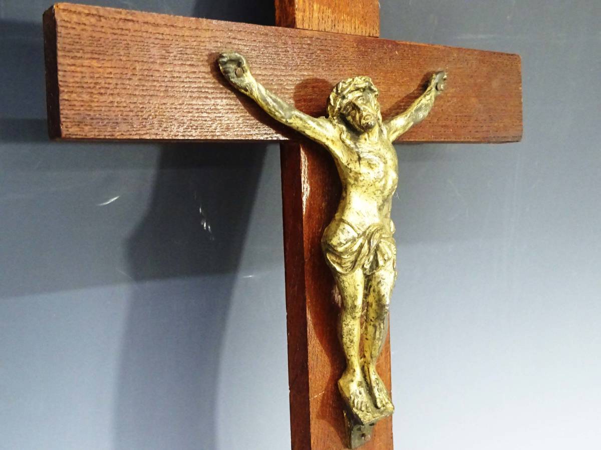 ◆(NS) 木製 イエスキリスト 十字架 ブロンズ 像 長さ 約35.5㎝ クロス 壁掛け 置物 オブジェ アンティーク ビンテージ インテリア雑貨 _画像8