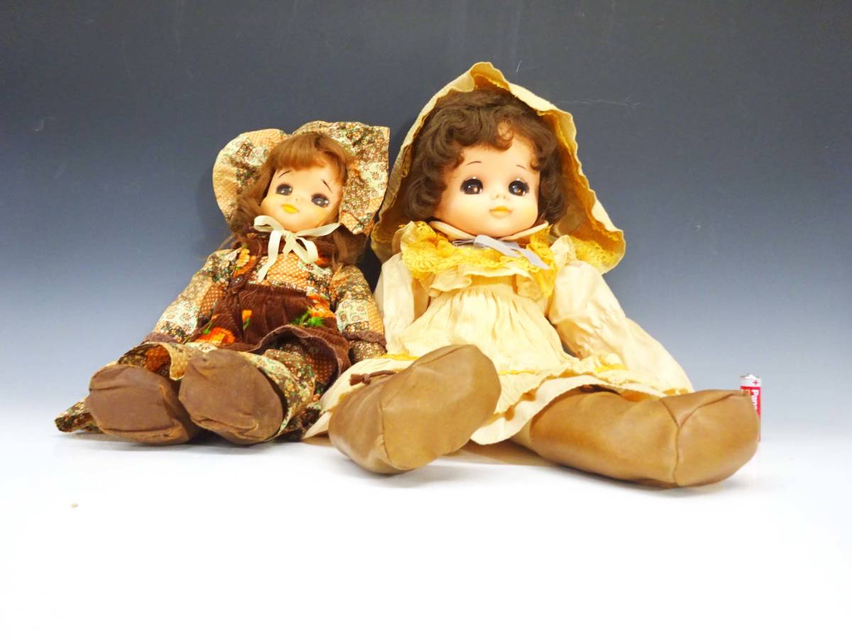 ◆(TD) 昭和レトロ 人形 2個 セット 抱き人形 ビンテージドール 花柄 レース フリル ブラウン 当時物 アンティーク調 玩具 インテリア雑貨_画像8