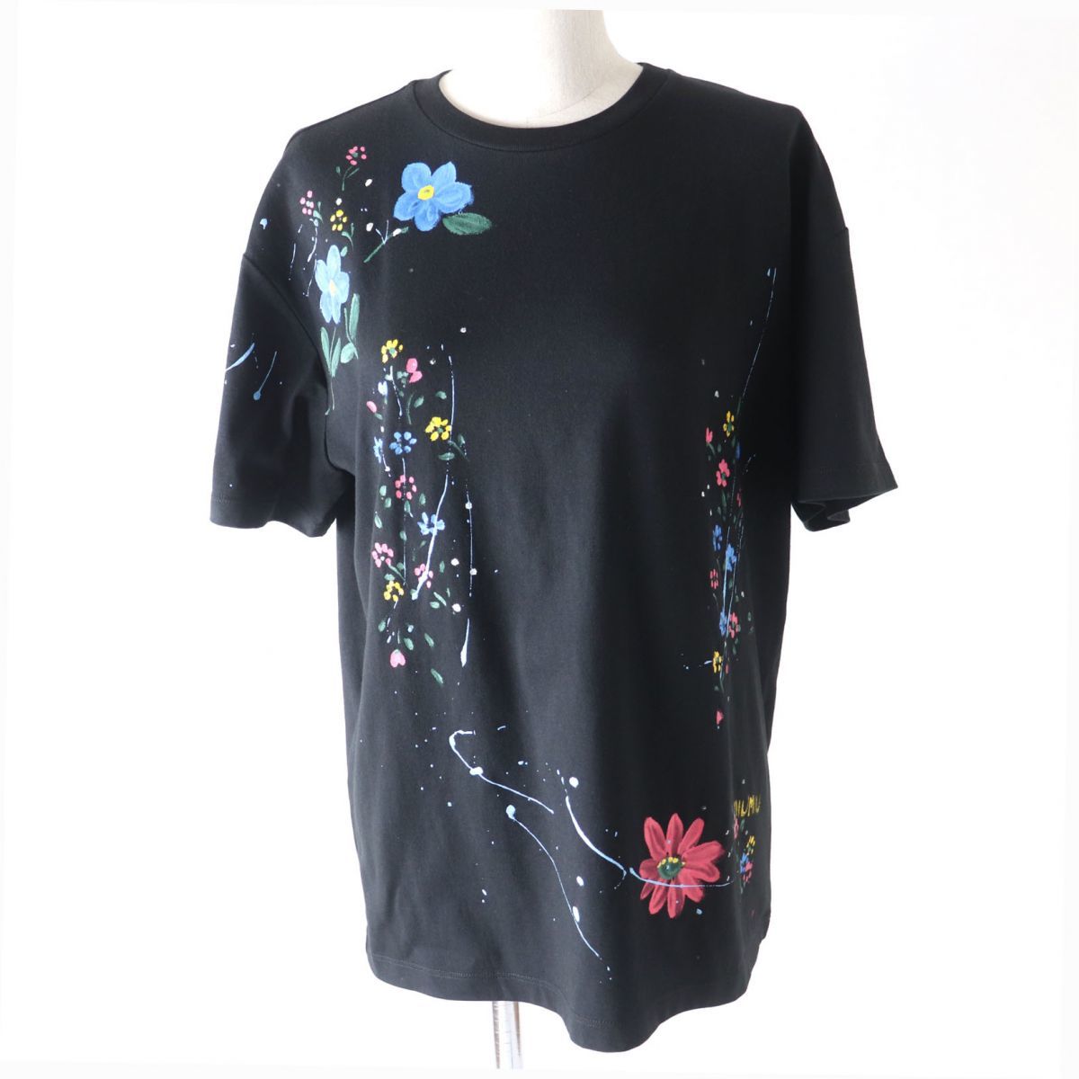 未使用品★正規品 MIUMIU ミュウミュウ MJN213 20SS フラワーペイント クルーネック 半袖 Tシャツ／トップス 黒×マルチ XS 伊製 タグ付