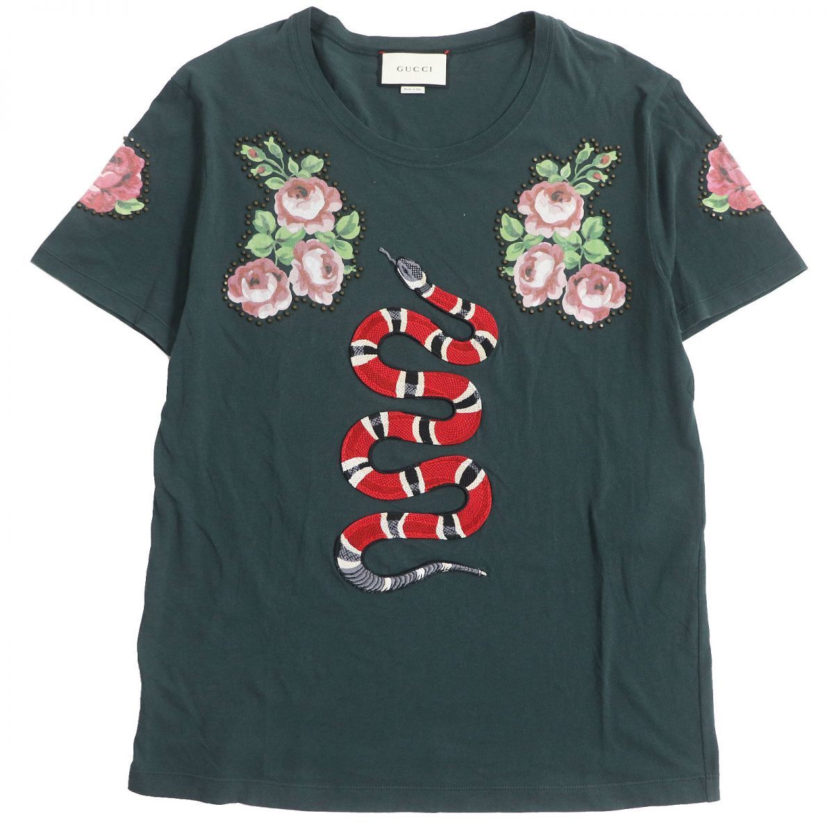 美品□GUCCI/グッチ 432086 スネーク刺繍 フラワープリント スタッズ コットン100％ 薄手 半袖Tシャツ/カットソー グリーン M 伊製 正規品