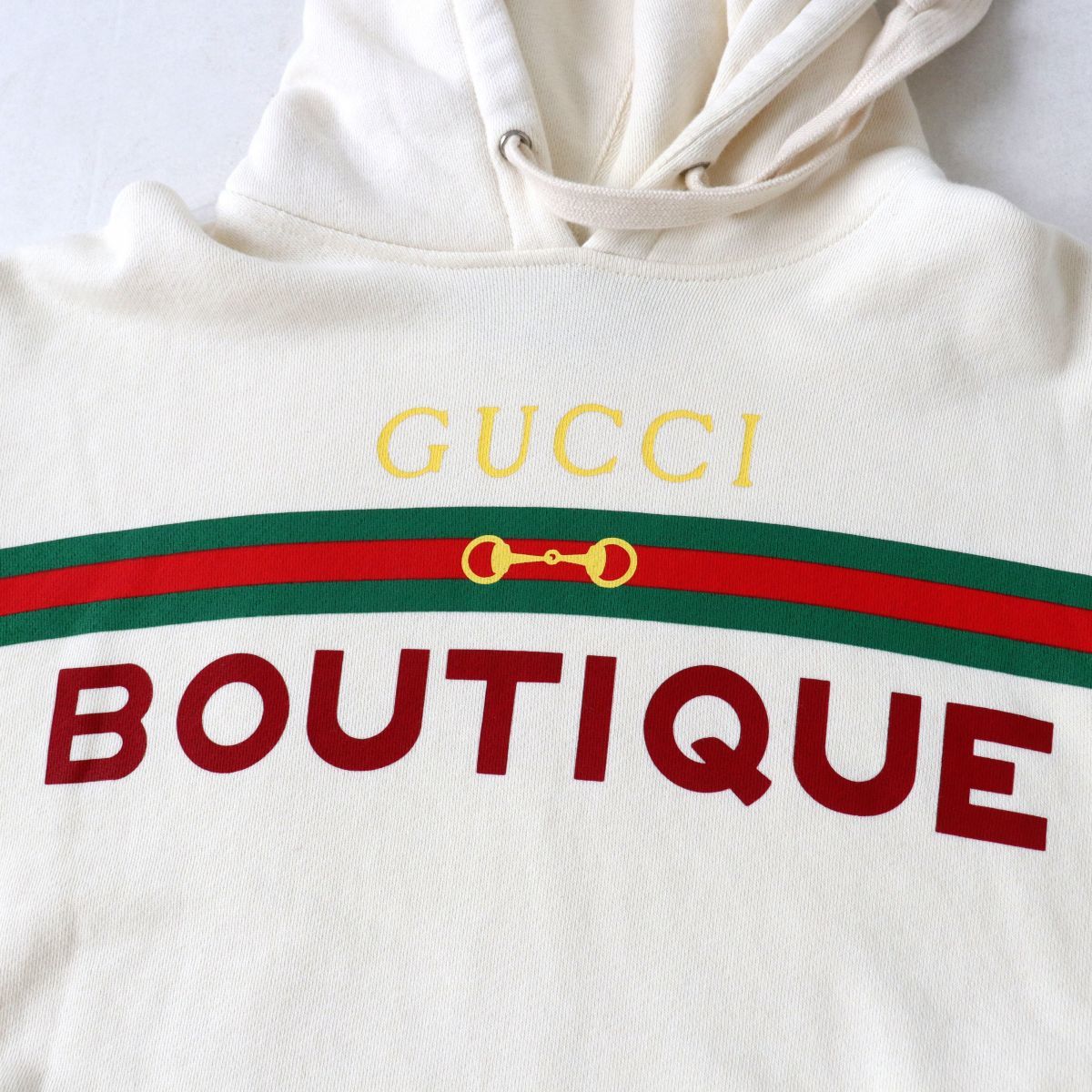 美品◎正規品 イタリア製 GUCCI グッチ 615061 レディース BOUTIQUE ロゴプリント フード付き プルオーバー／パーカー アイボリー XS_画像5