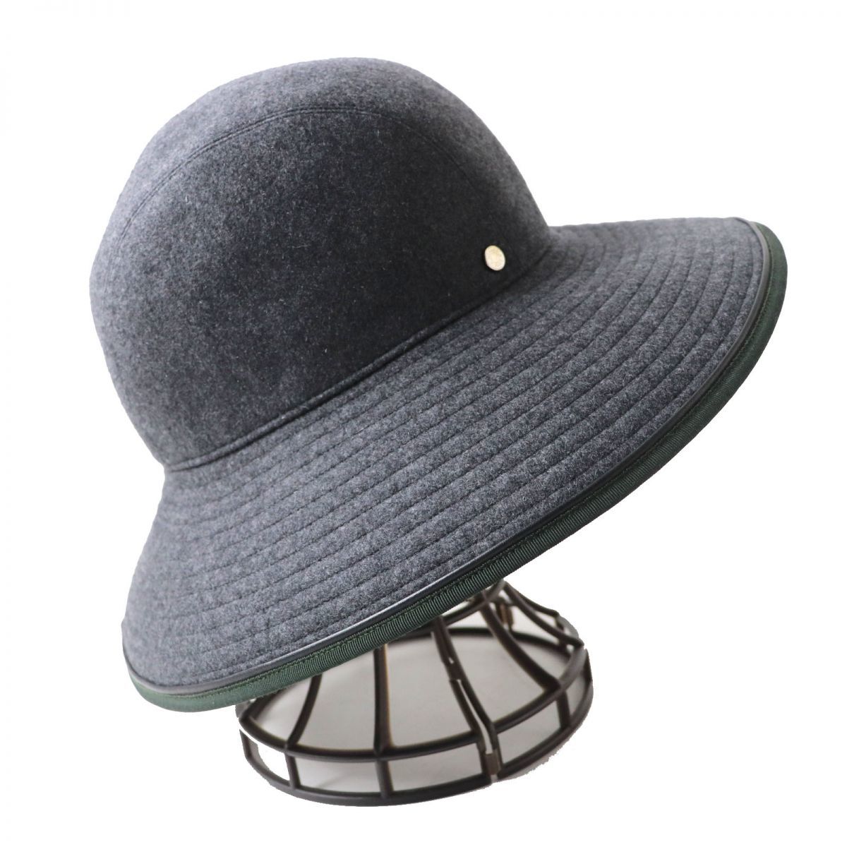 未使用◎仏製 HERMES エルメス CHAPEAU FEMME セリエ金具 レザー使い カシミヤ100％ ハット／帽子 灰×深緑×シルバー 58 箱・タグ付き_画像3