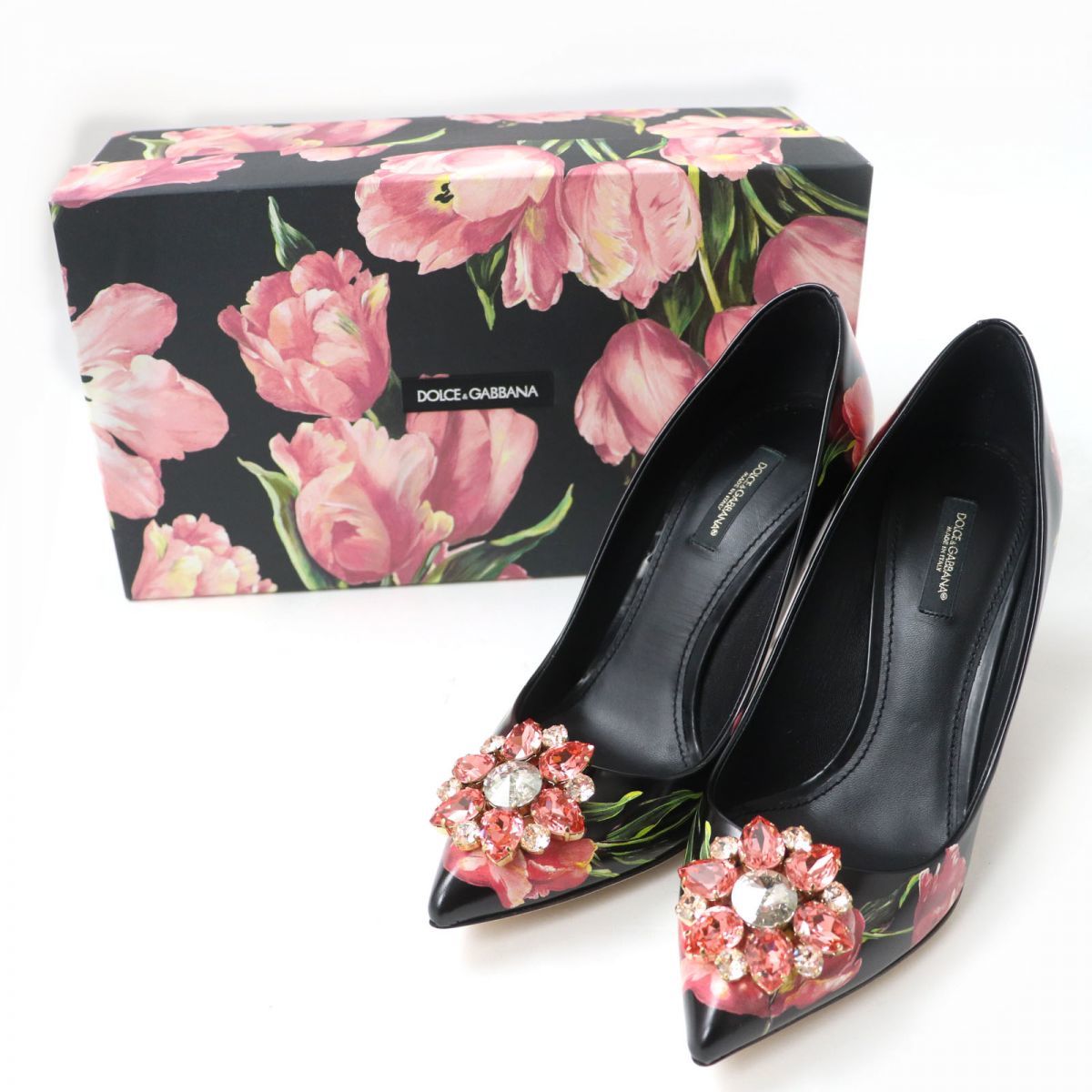  ultimate beautiful goods * Dolce & Gabbana crystal biju- attaching flower print leather pumps black × multicolor 38 1/2 made in Italy box attaching 