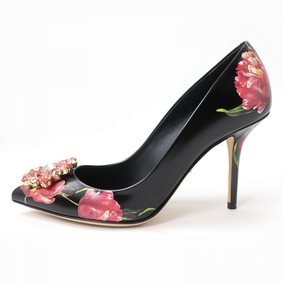  ultimate beautiful goods * Dolce & Gabbana crystal biju- attaching flower print leather pumps black × multicolor 38 1/2 made in Italy box attaching 