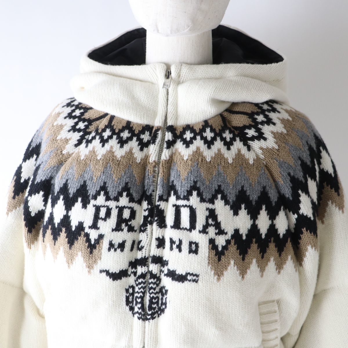 ultimate beautiful * regular goods .572000 jpy made in Italy PRADA Prada 292029 lady's cashmere . with a hood . knitted down jacket nordic pattern 36 tag attaching 