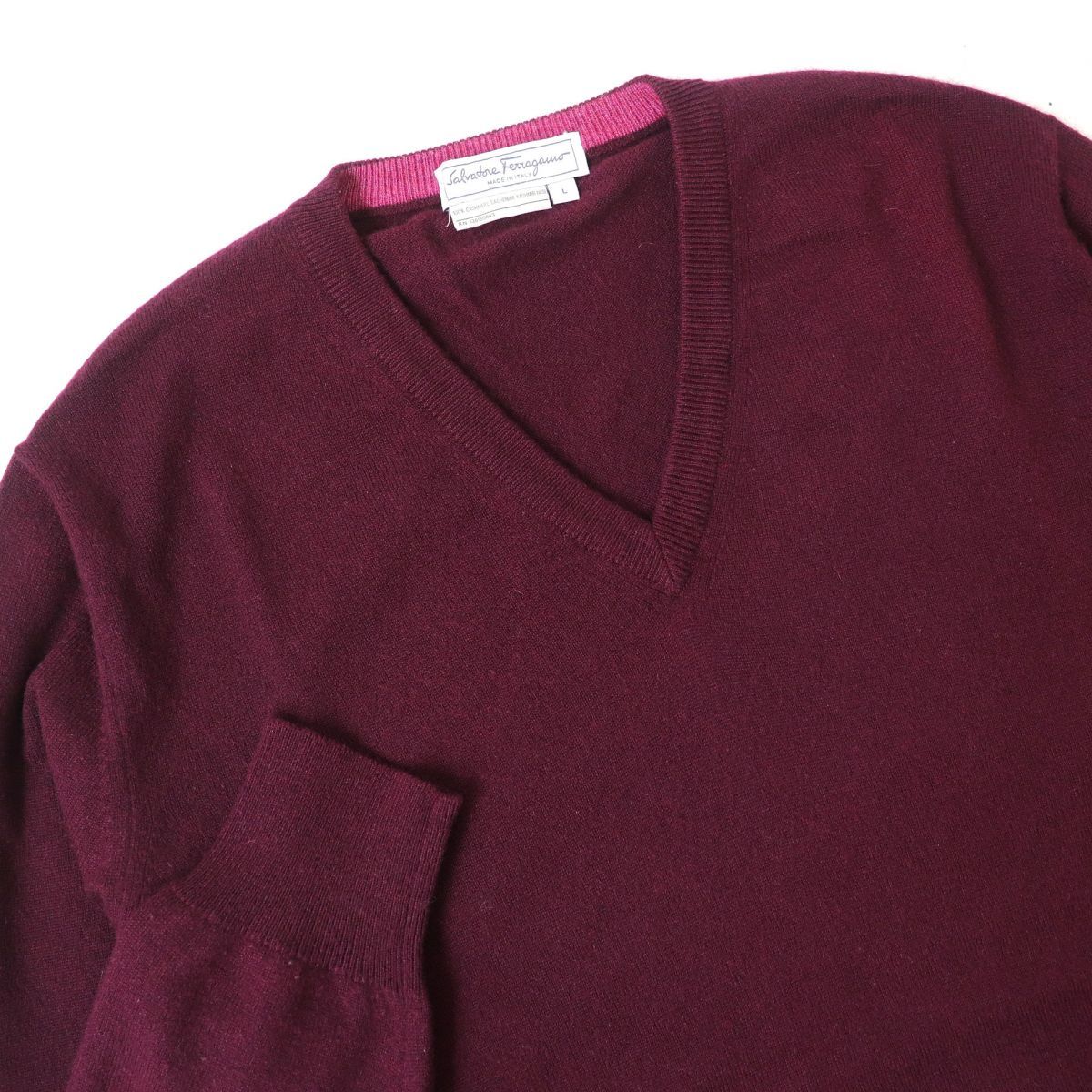  superior article ^ regular goods Salvatore Ferragamo Salvatore Ferragamo cashmere 100% V neck long sleeve knitted | sweater bordeaux L men's Italy made 