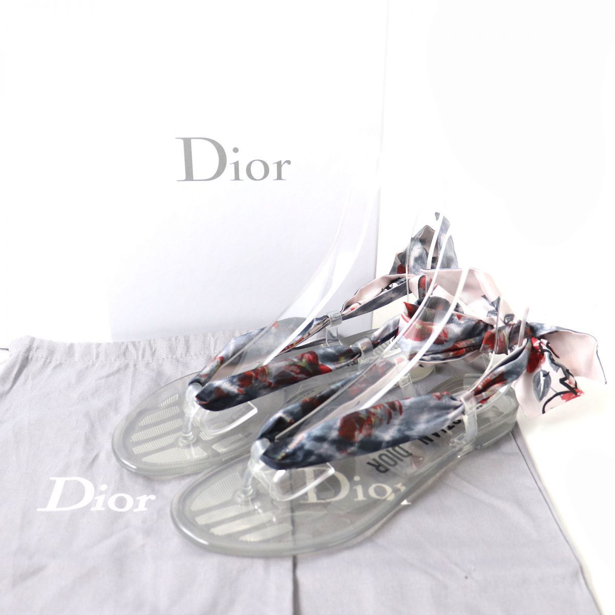 未使用品△イタリア製 Christian Dior クリスチャン ディオール KCQ193SLK シルク ラバー ビーチサンダル マルチカラー×クリアグレー 37_画像2