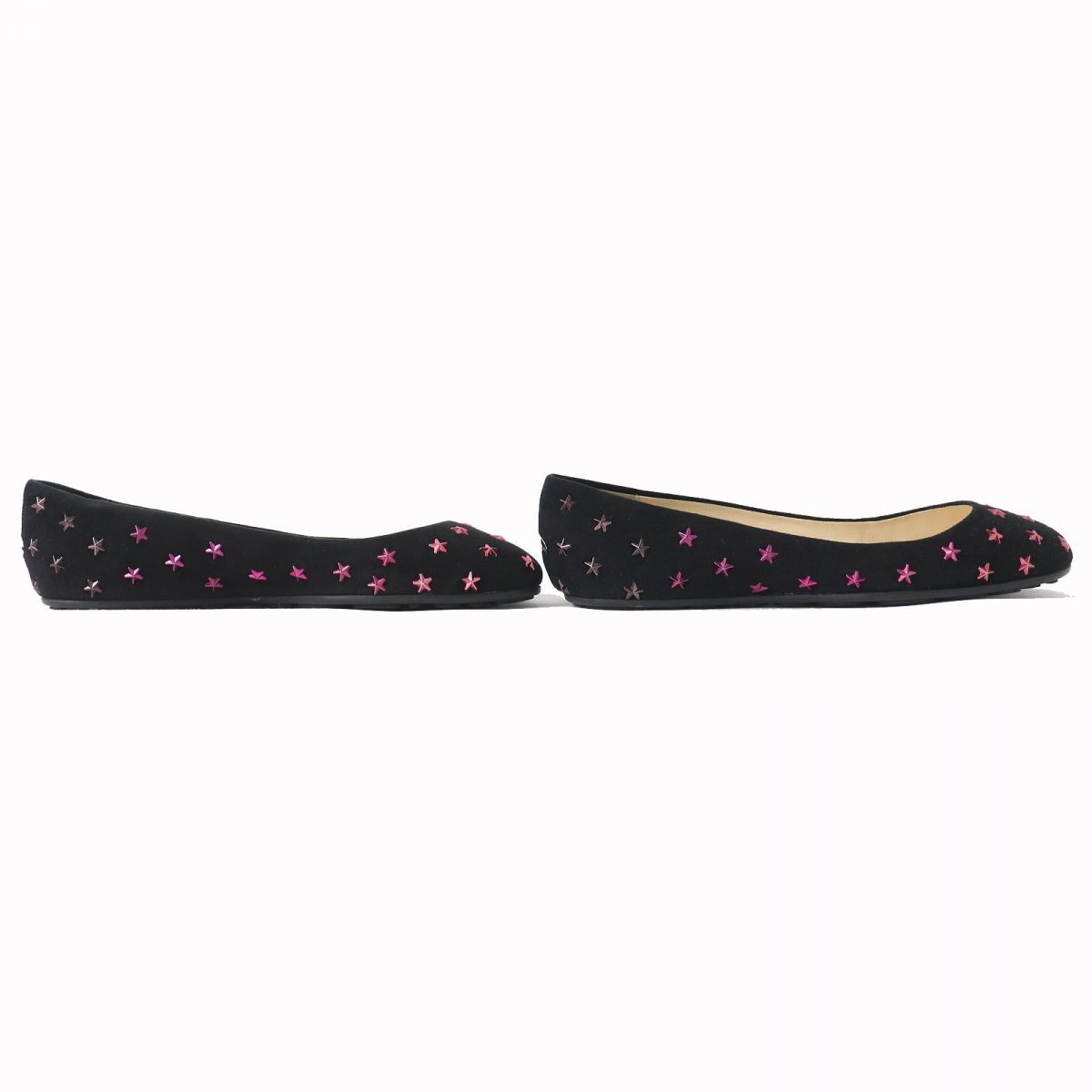 未使用品△JIMMY CHOO ジミーチュウ GWENN FLAT マルチスタースタッズ スウェードレザー フラットシューズ 黒×メタリックピンク系 37 伊製_画像4