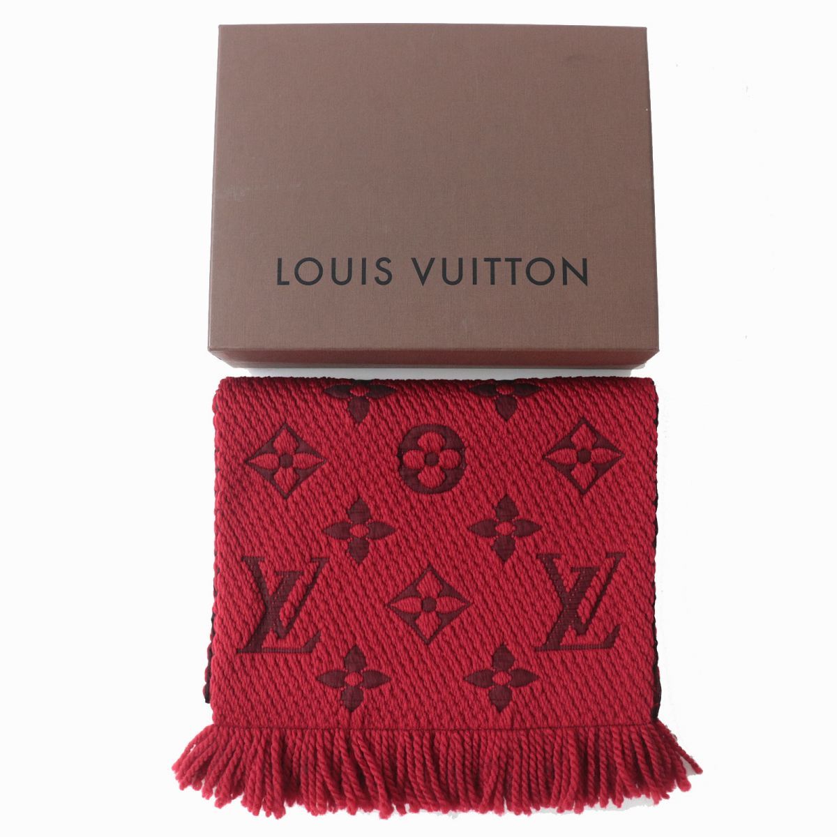 美品△正規品 LOUIS VUITTON ルイヴィトン M72432 エシャルプ ロゴマニア モノグラム シルク混 ニットマフラー ルビー レッド 伊製 箱付き_画像2