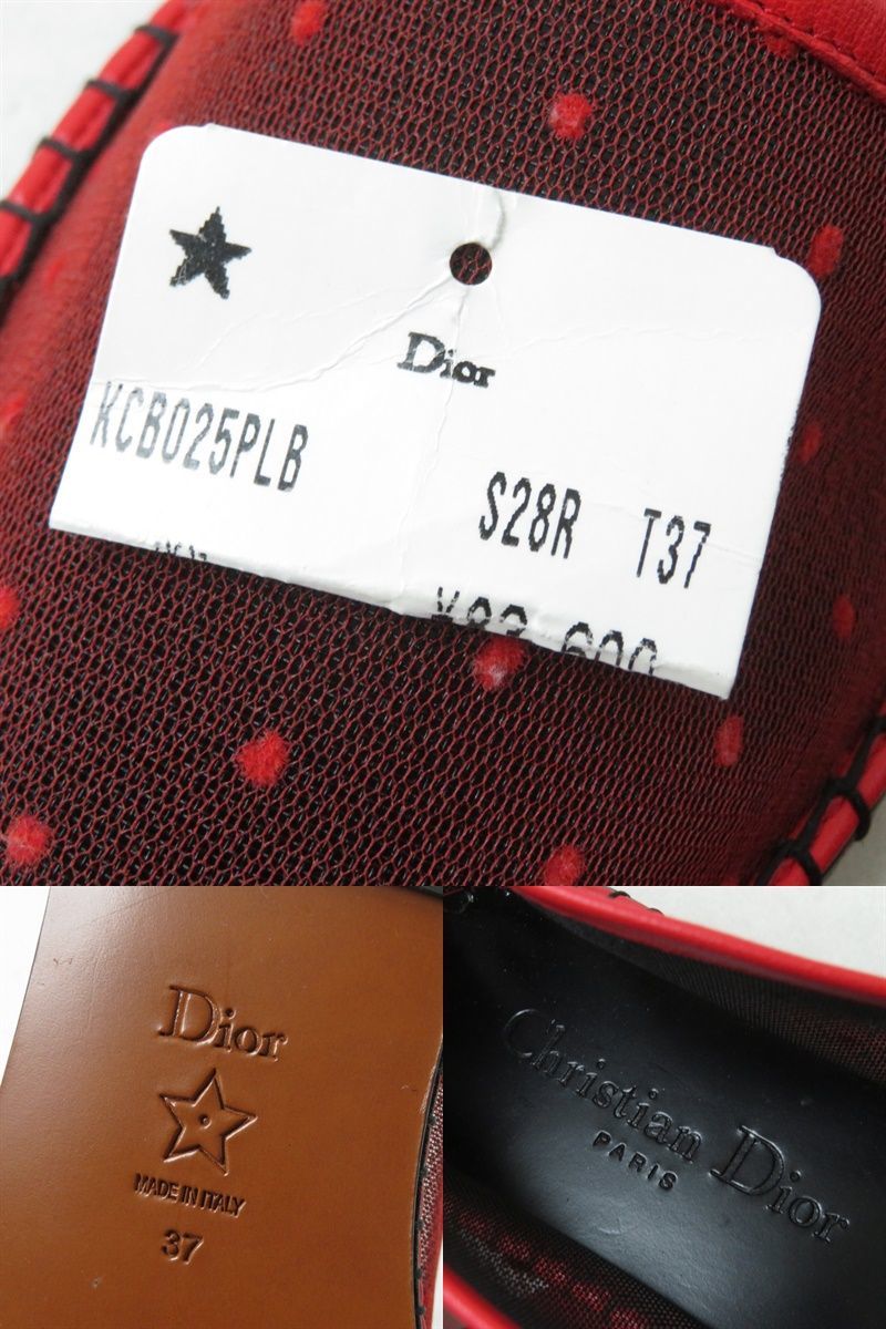 未使用◇Christian Dior クリスチャンディオール KCB025PLB Nicely-D J'ADIOR リボン付 ドットチュール フラットシューズ レッド 37 伊製_画像10