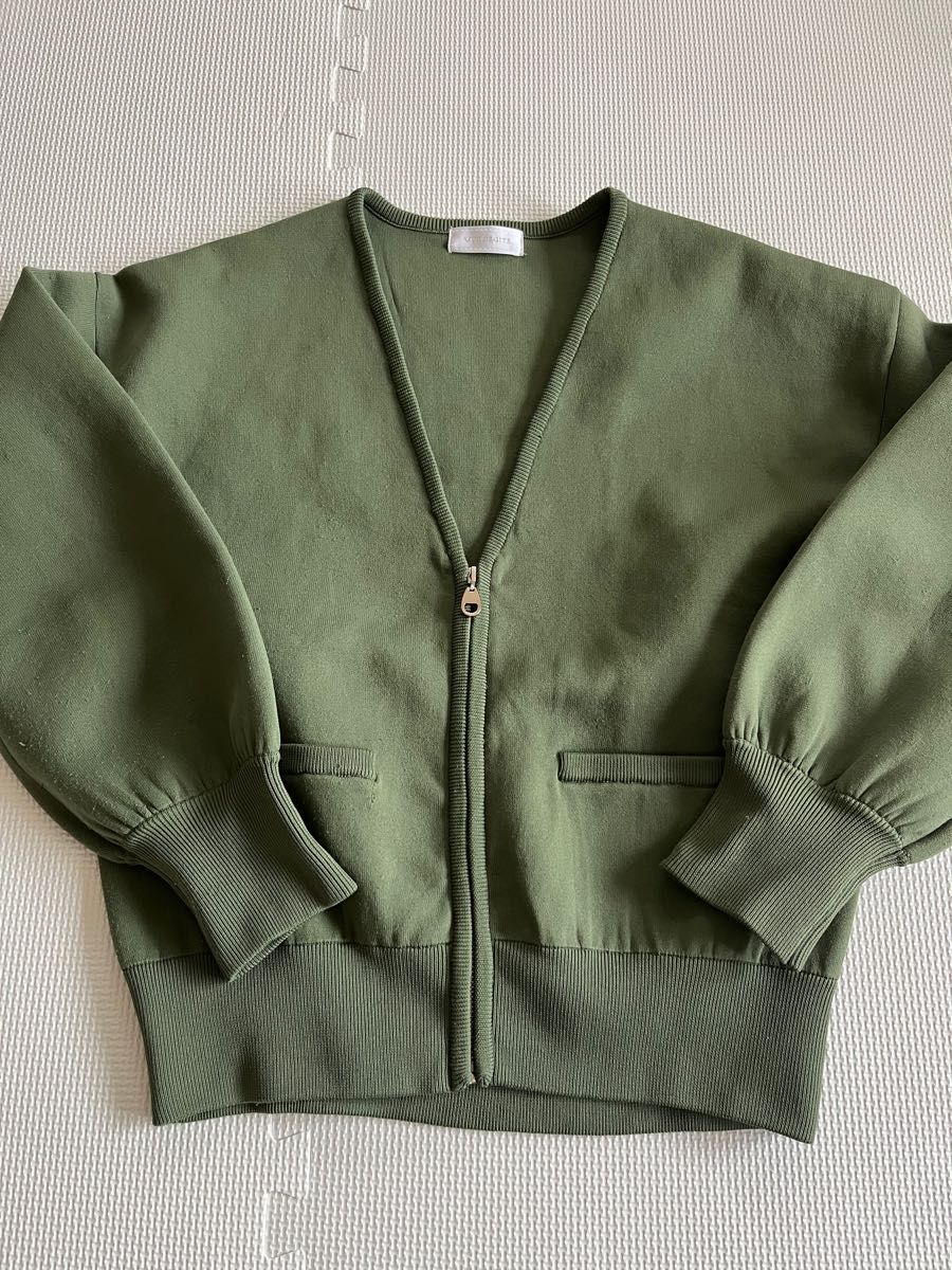 リブドロワ グリーン 緑 カーディガン アウター ジャケット ジップ