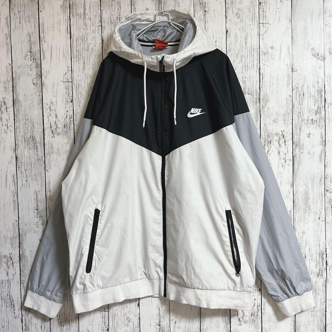 NIKE ナイキ ナイロンジャケット XL ワンポイント スウッシュ マルチカラー 白×黒×グレー フーディー ナイロンパーカー HTK1901