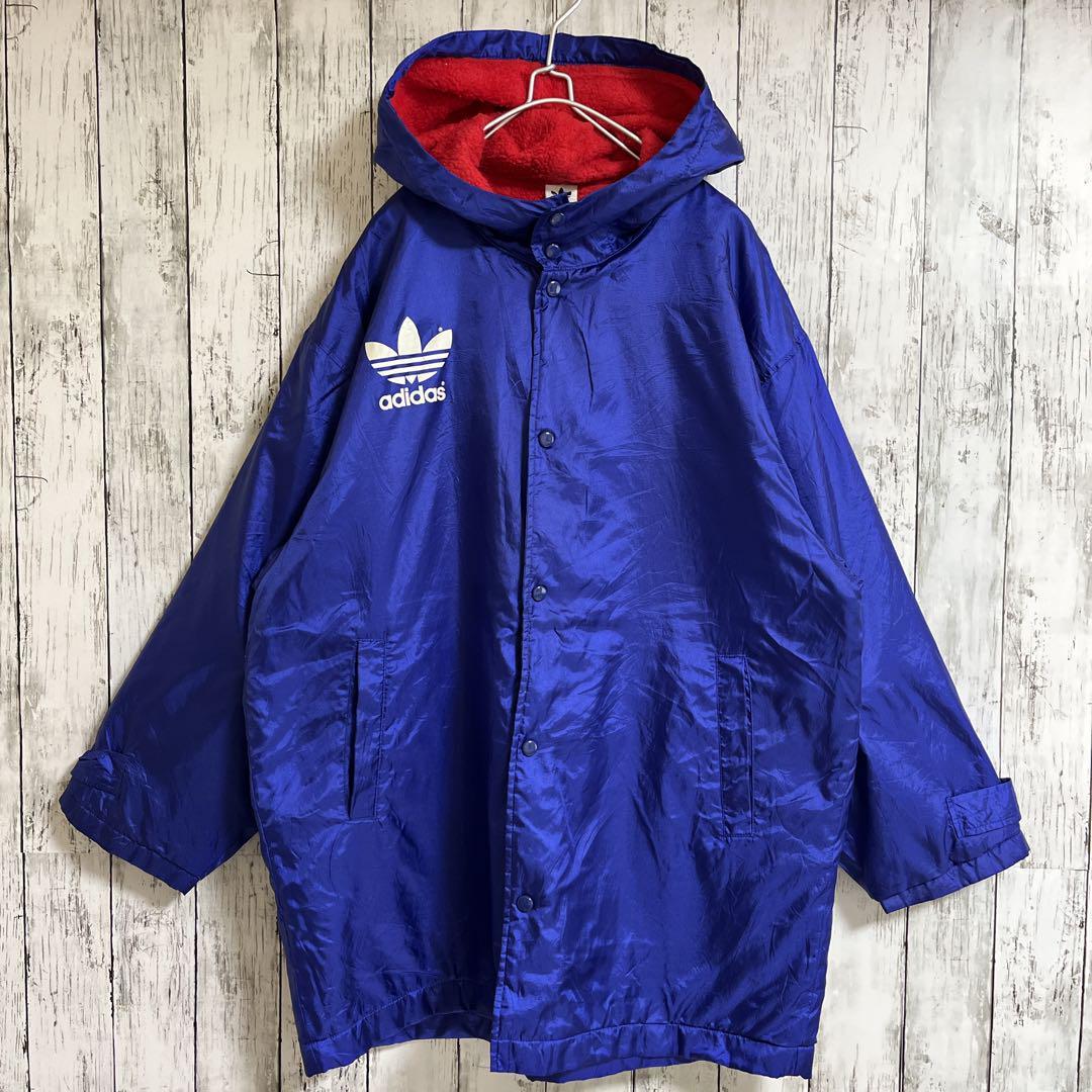 80's adidas アディダス デサント製 ベンチコート ナイロンジャケット 中ボア L 青紫 トレフォイルロゴ ビッグロゴ US古着 HTK2293